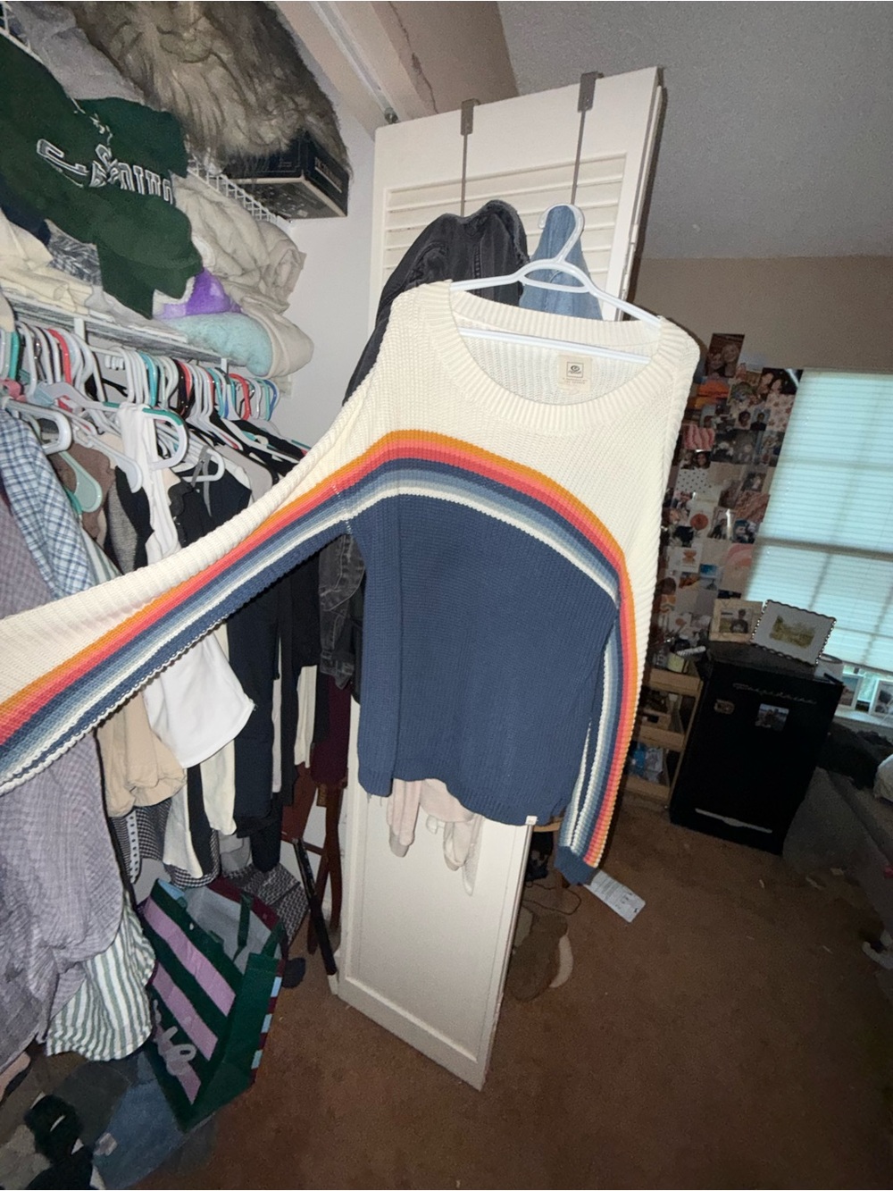Rip Curl Crewneck Rainbow-Stripe Knit Sweater - Blue & Cream
